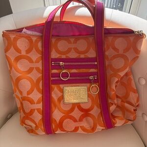 Authentic vintage coach tote bag poppy bright orange and fushia